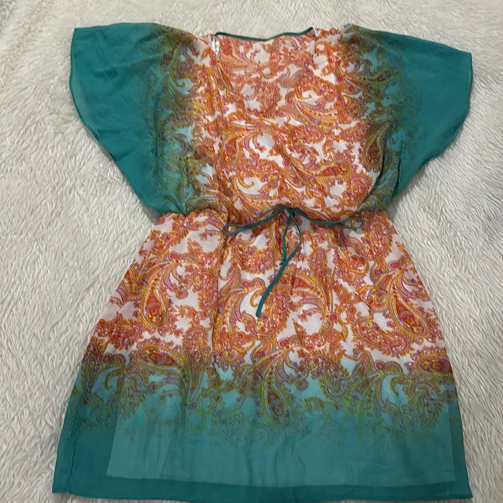 Bisou bisou orange pink paisley sheer summer dress size 14